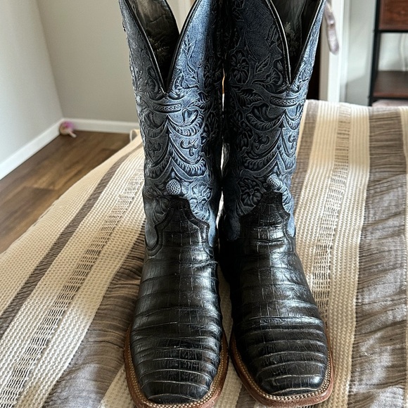 Tanner Mark Women's Black Caiman & Blue Square Toe Boots - Picture 1 of 7